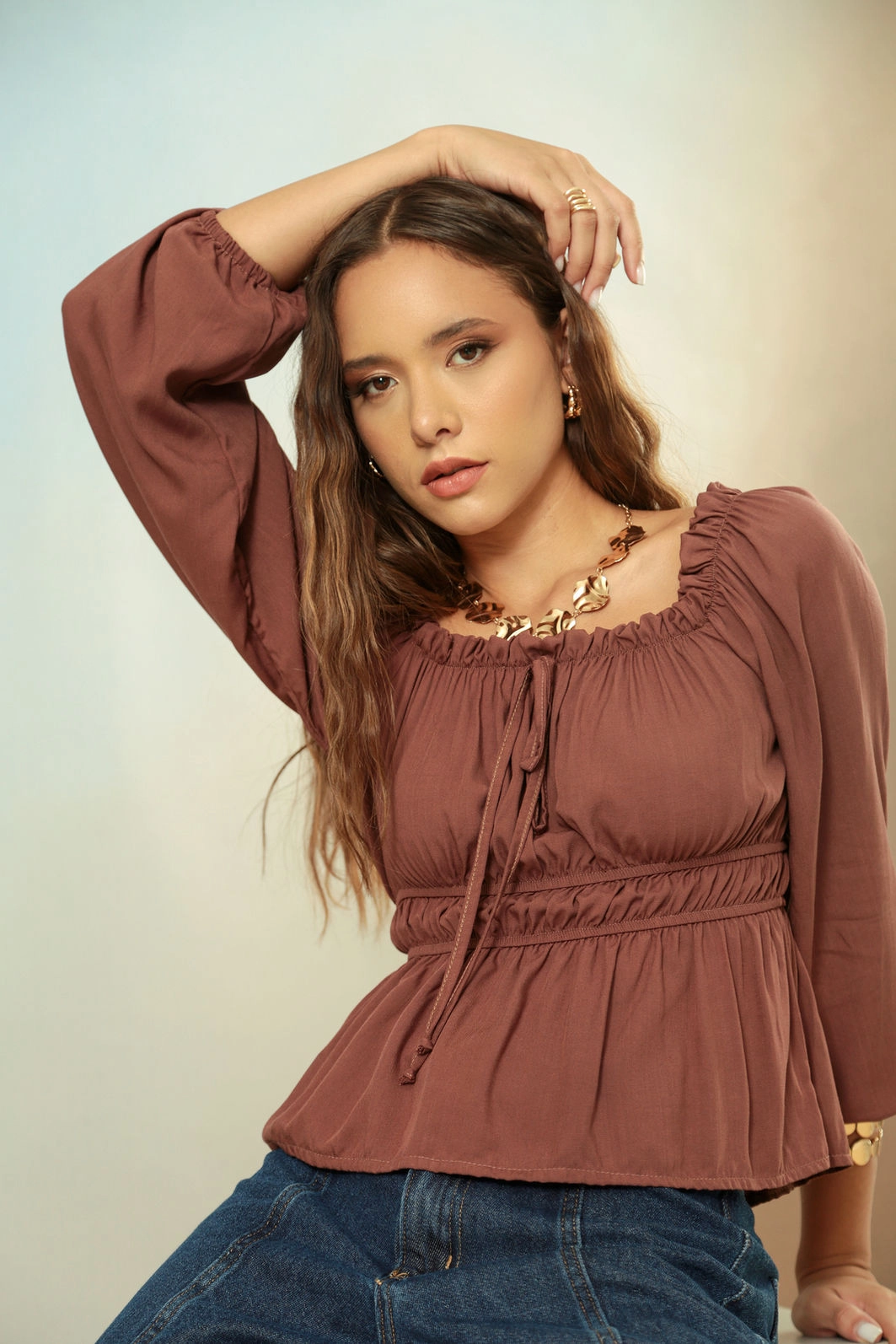 Blusa Em Viscose Manga Longa Ombro A Ombro
