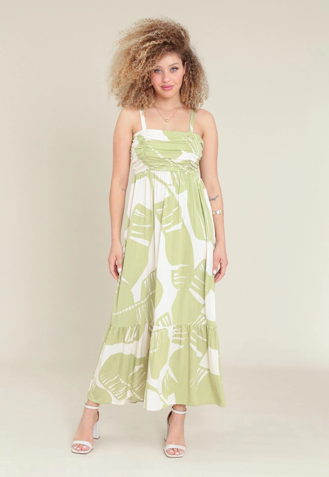 Vestido Midi Em Viscose Com Lurex Estampa Folhagem