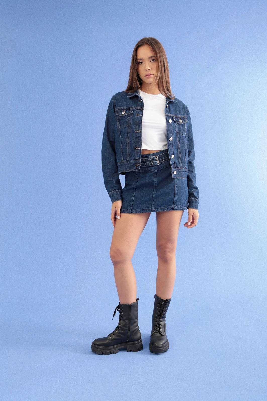 Saia Curta Jeans Com Cinto Duplo