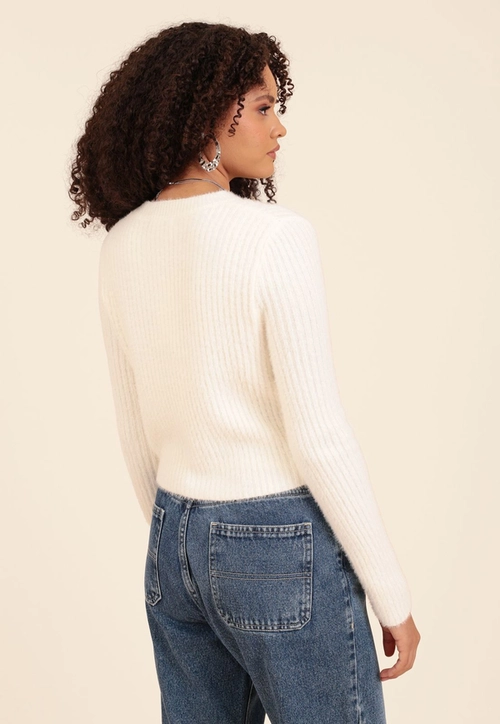 Cardigan Tricô Pelinho Canelado Decote Redondo