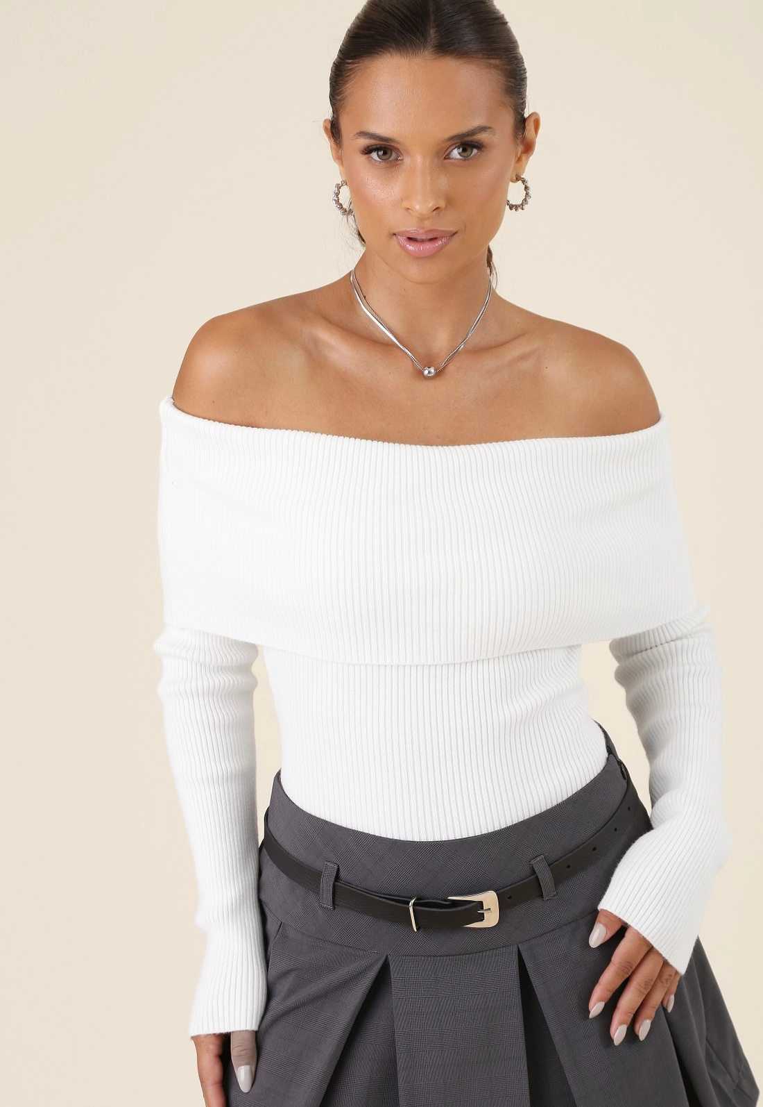 Blusa Tricô Canelado Ombro A Ombro Manga Longa