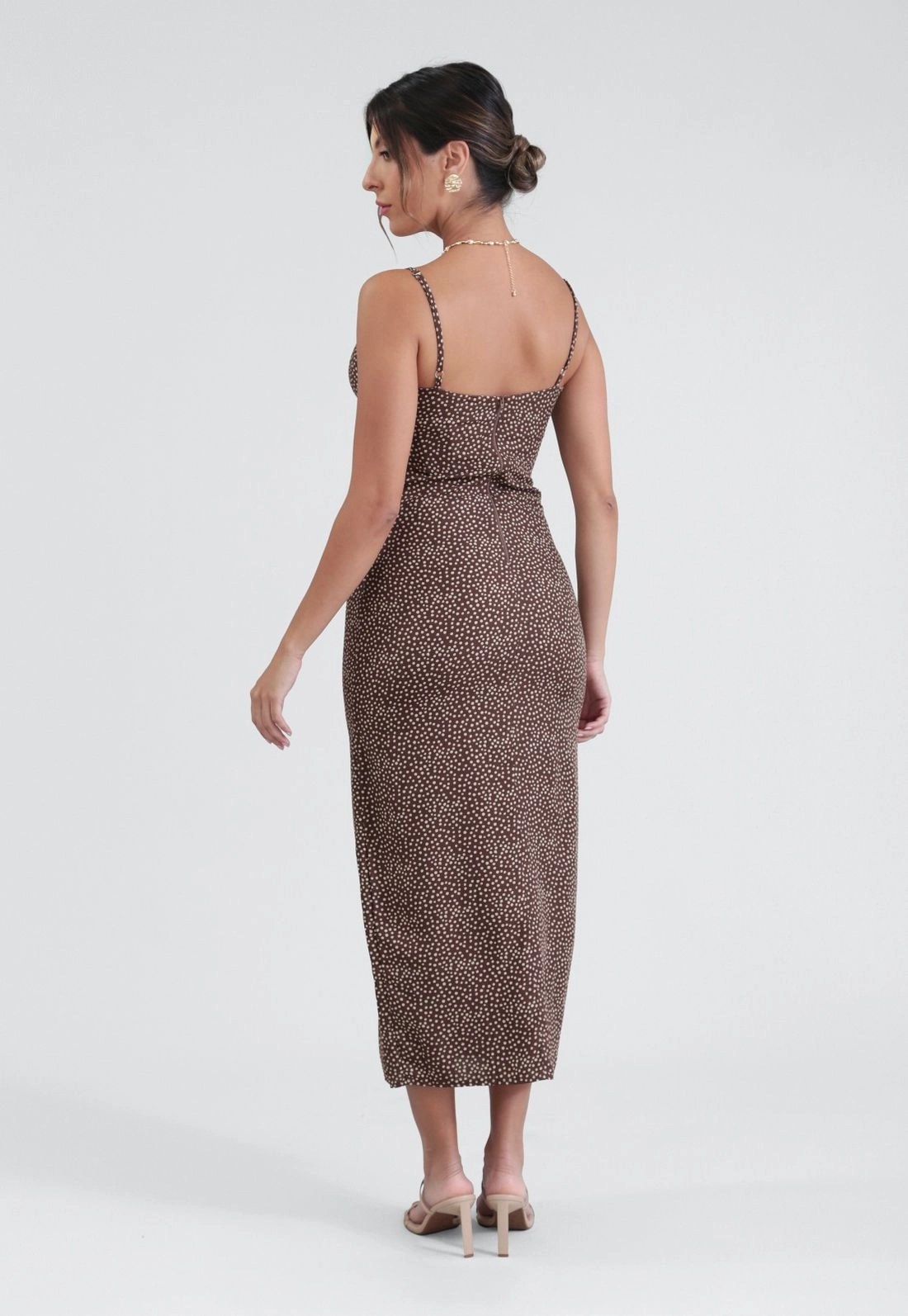Vestido Midi Alça Em Viscose Poá Marrom