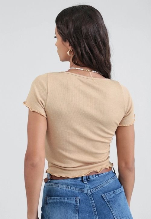 Blusa Em Ribana Manga Curta Com Busto Franzido
