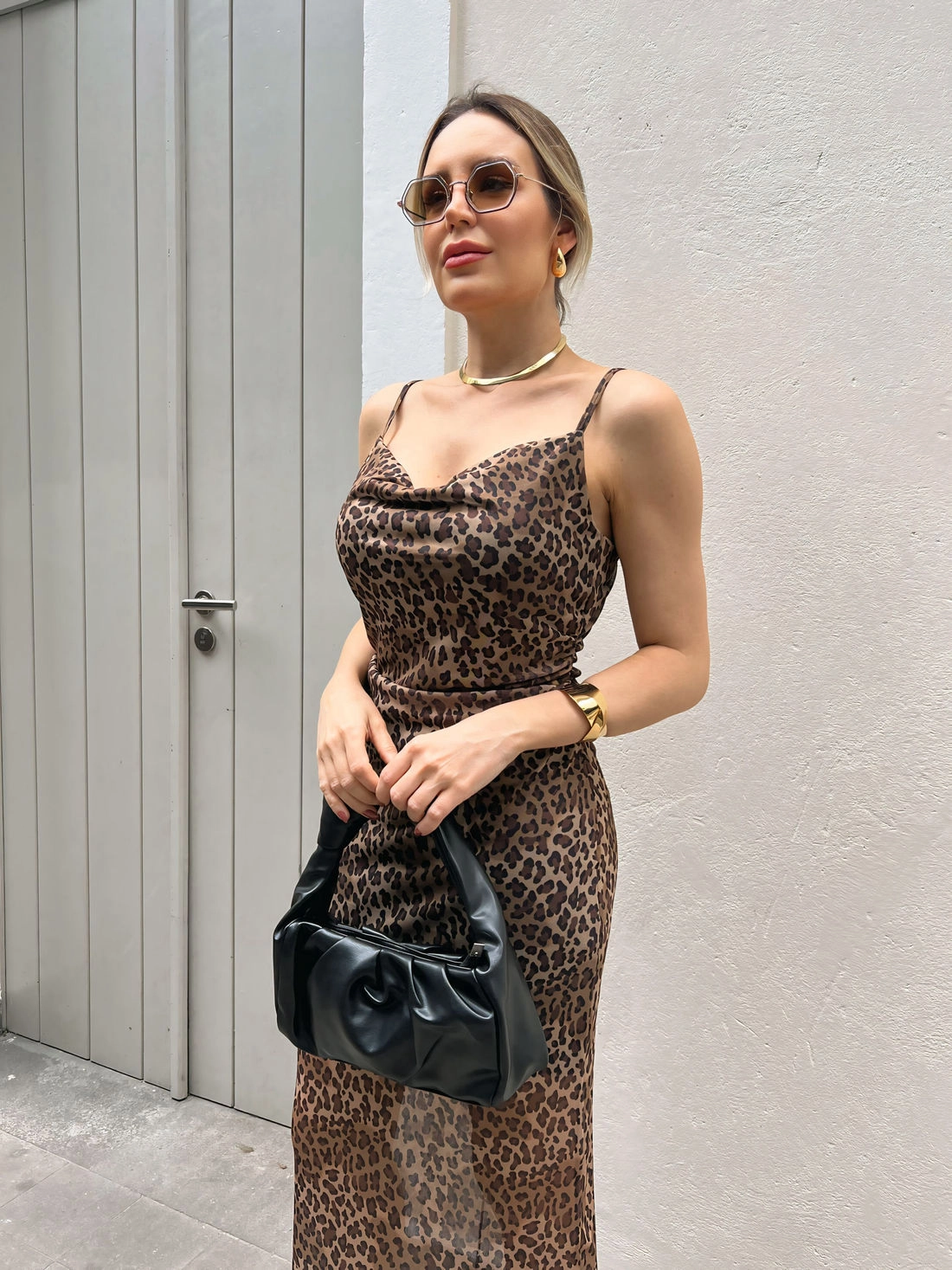 Vestido Midi Tule Alça Estampa Leopardo