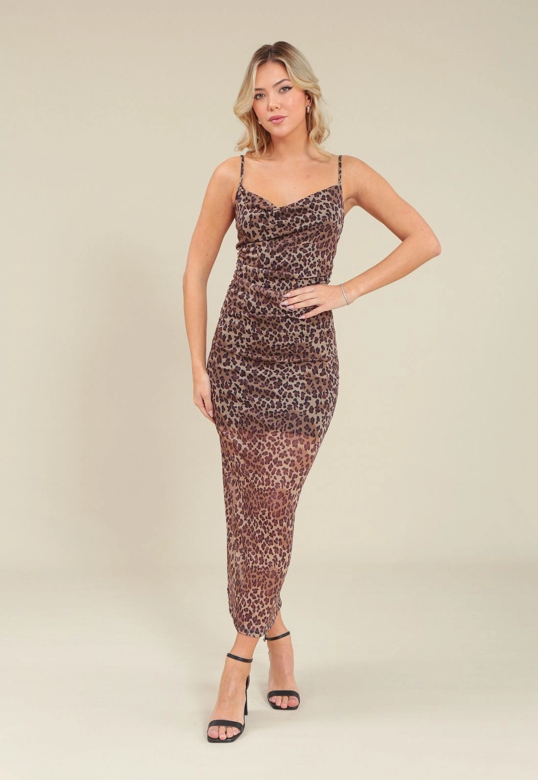 Vestido Midi Tule Alça Estampa Leopardo