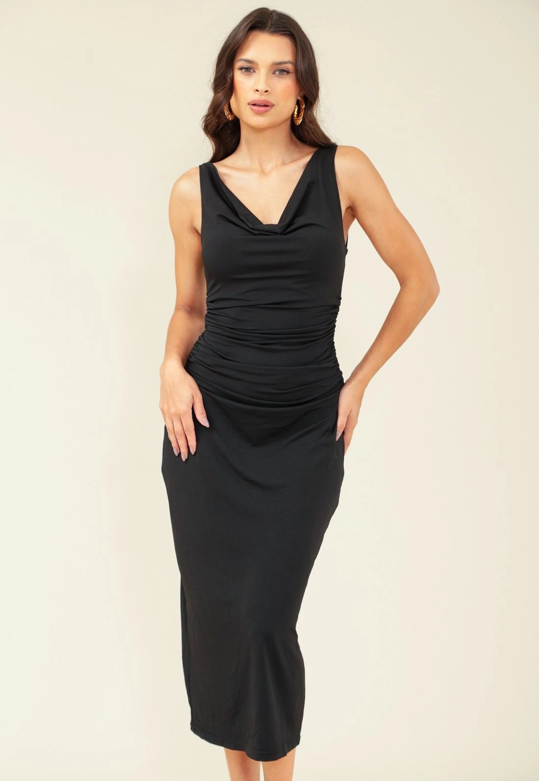 Vestido Midi Alça Gola Degagê Franzido Costas