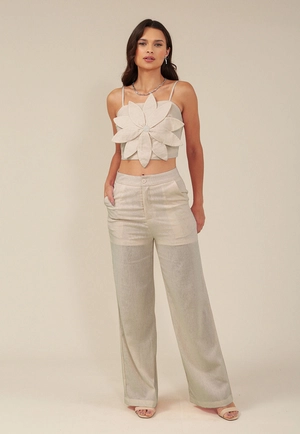 Calça Wide Leg Com Bolso Faca  Em Linho