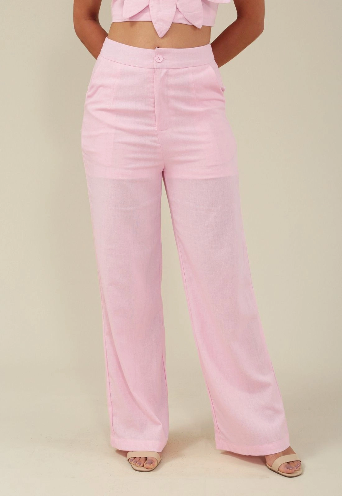 Calça Wide Leg Com Bolso Faca  Em Linho