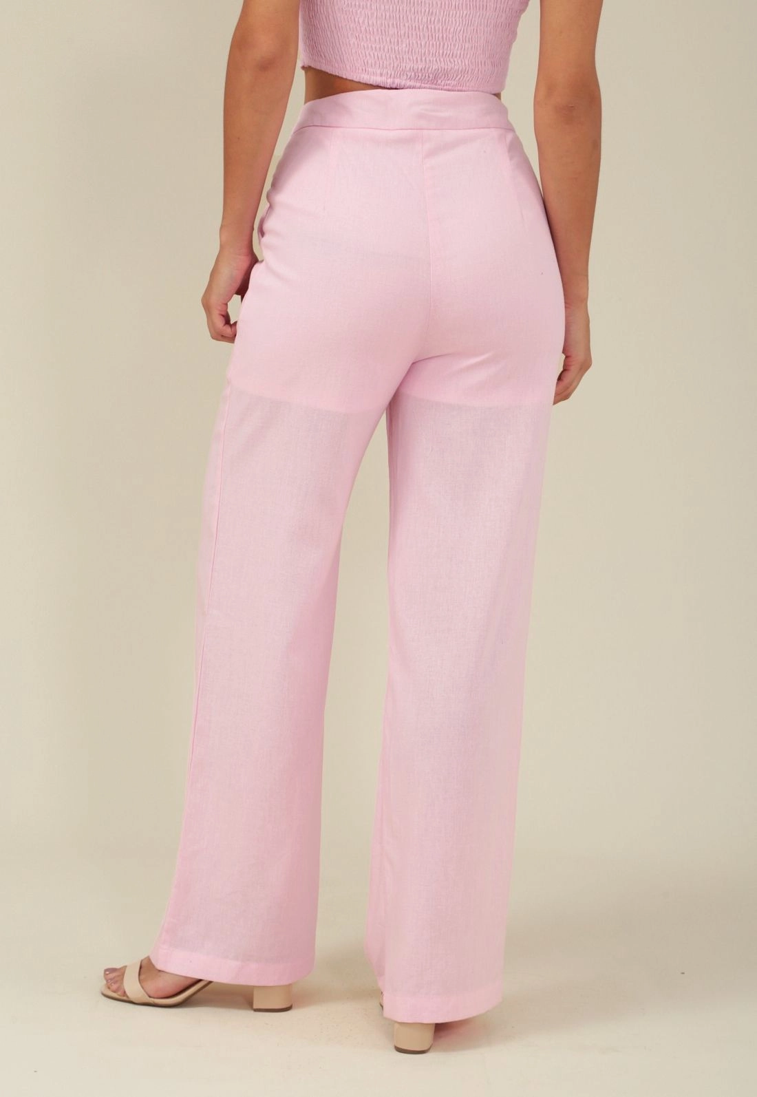 Calça Wide Leg Com Bolso Faca  Em Linho