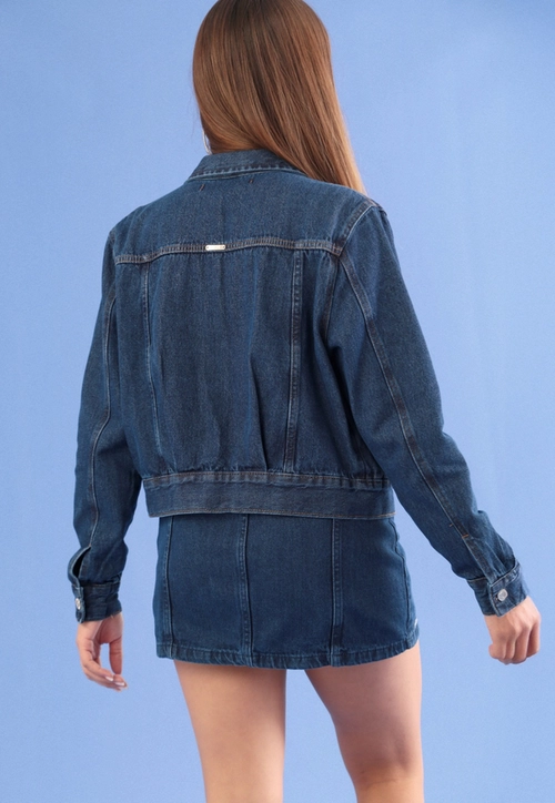 Jaqueta Jeans Com Bolso Azul Escuro