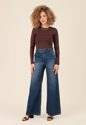 Calça Jeans Wide Leg Bolso Azul Escuro