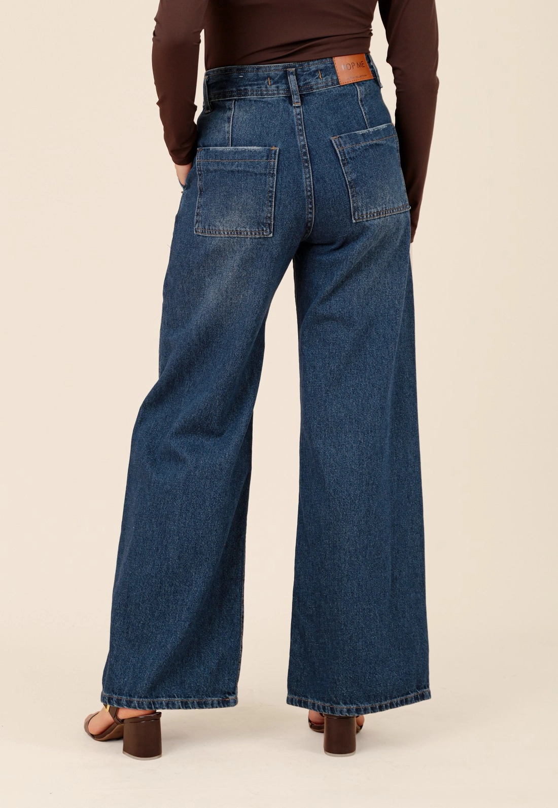 Calça Jeans Wide Leg Bolso Azul Escuro