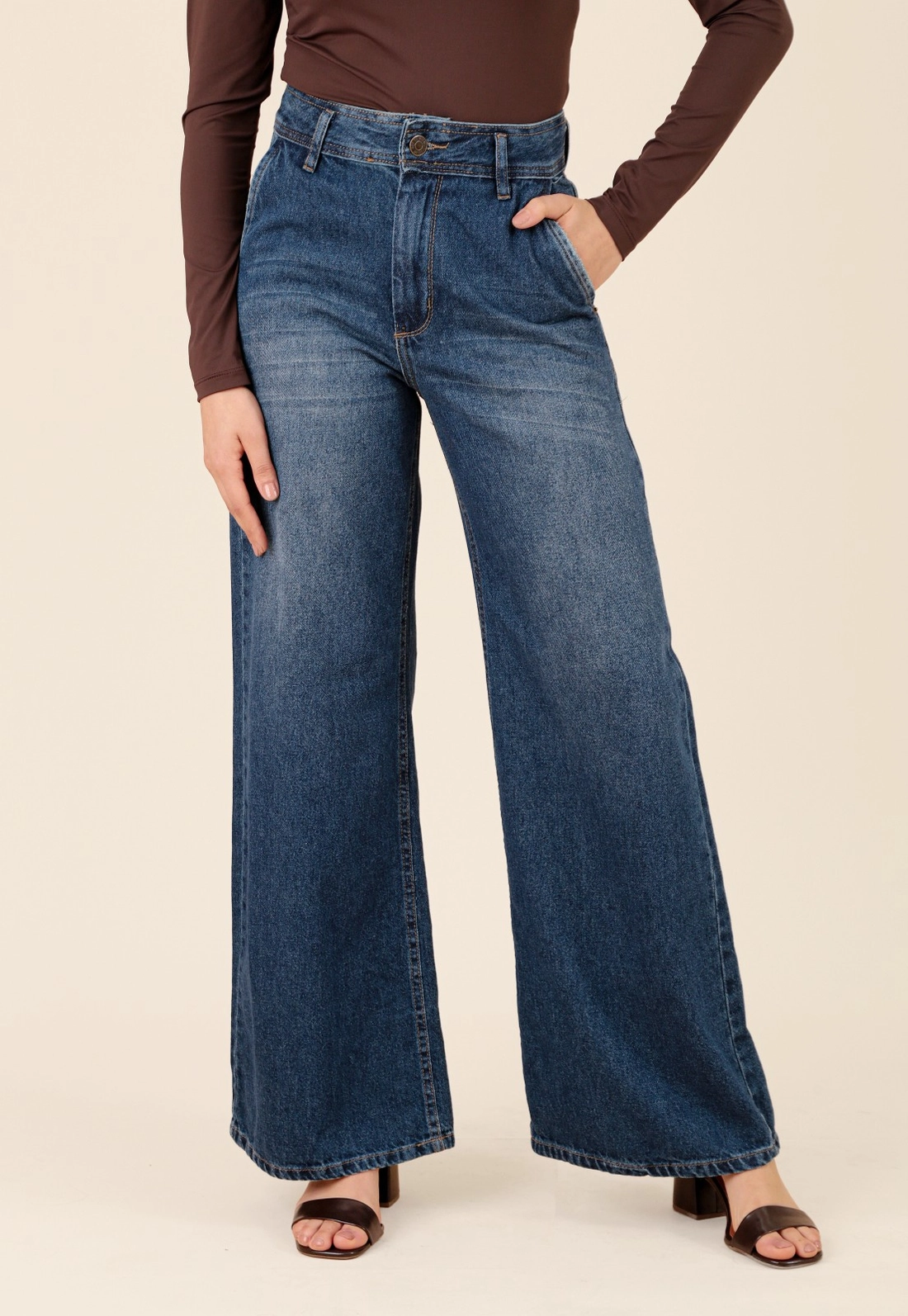 Calça Jeans Wide Leg Bolso Azul Escuro