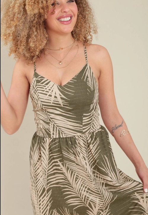 Vestido Longo Em Viscose Com Com Alça Estampa Folhagem Lurex