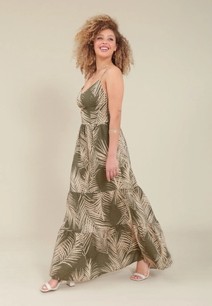 Vestido Longo Em Viscose Com Com Alça Estampa Folhagem Lurex
