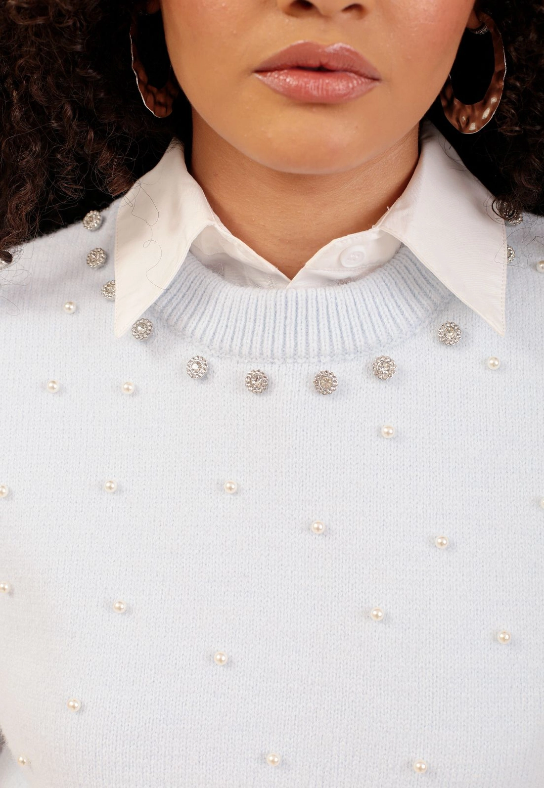 Blusa Tricô Sem Manga Com Strass e Pérolas