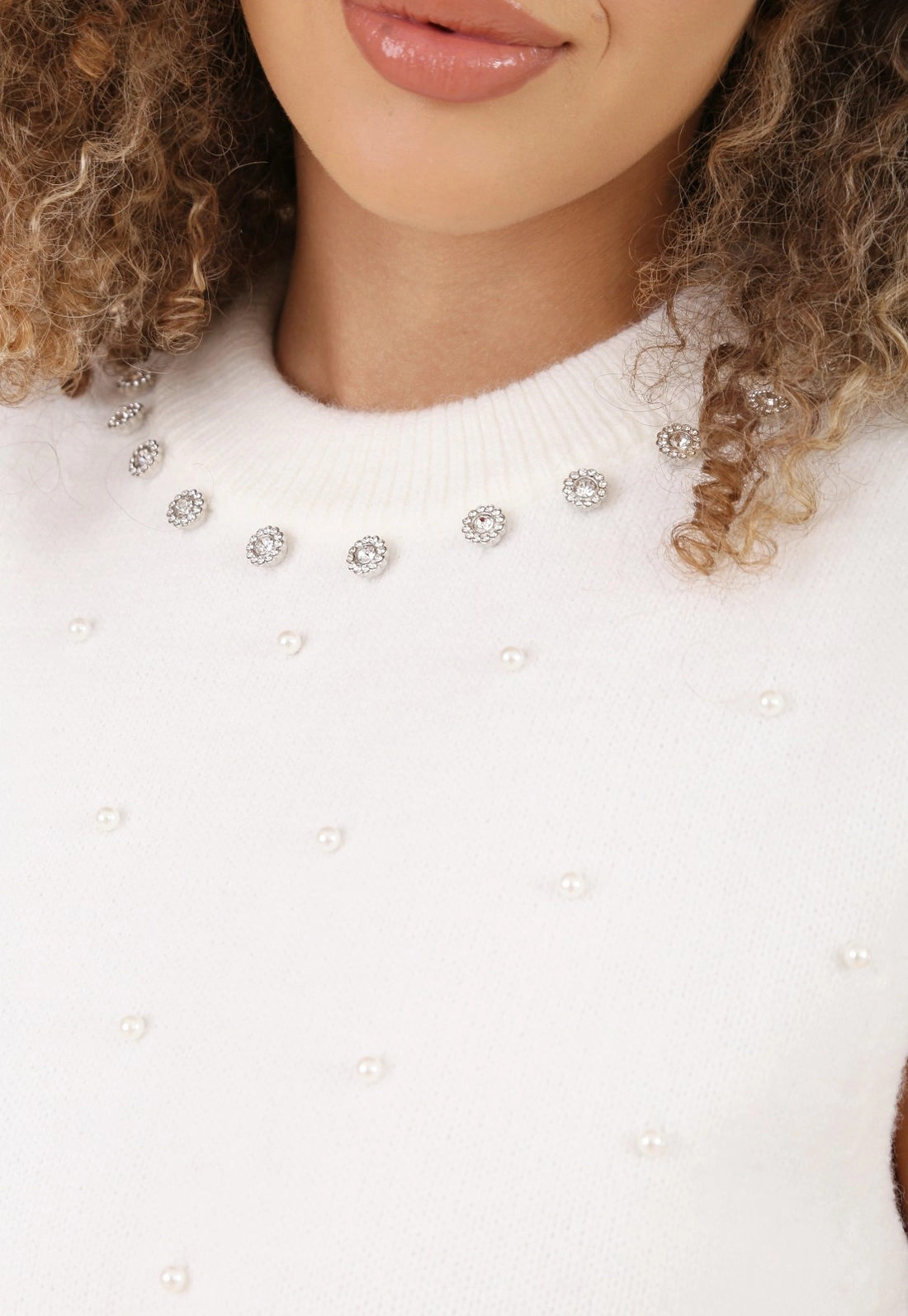 Blusa Tricô Sem Manga Com Strass e Pérolas