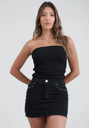 Saia Curta Jeans Cós Médio Com Tachas