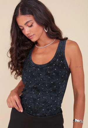 Blusa Regata Em Ribana Estonada Com Strass
