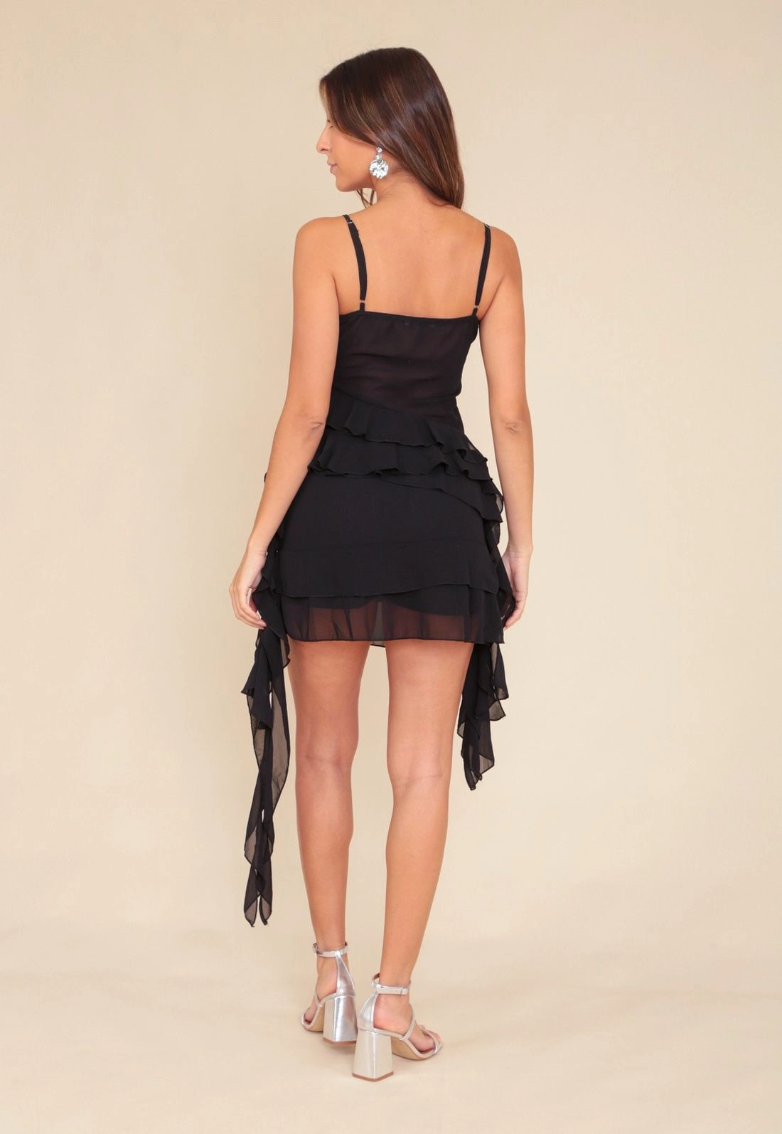 Saia Curta Em Crepe Chiffon Com Babados Franja