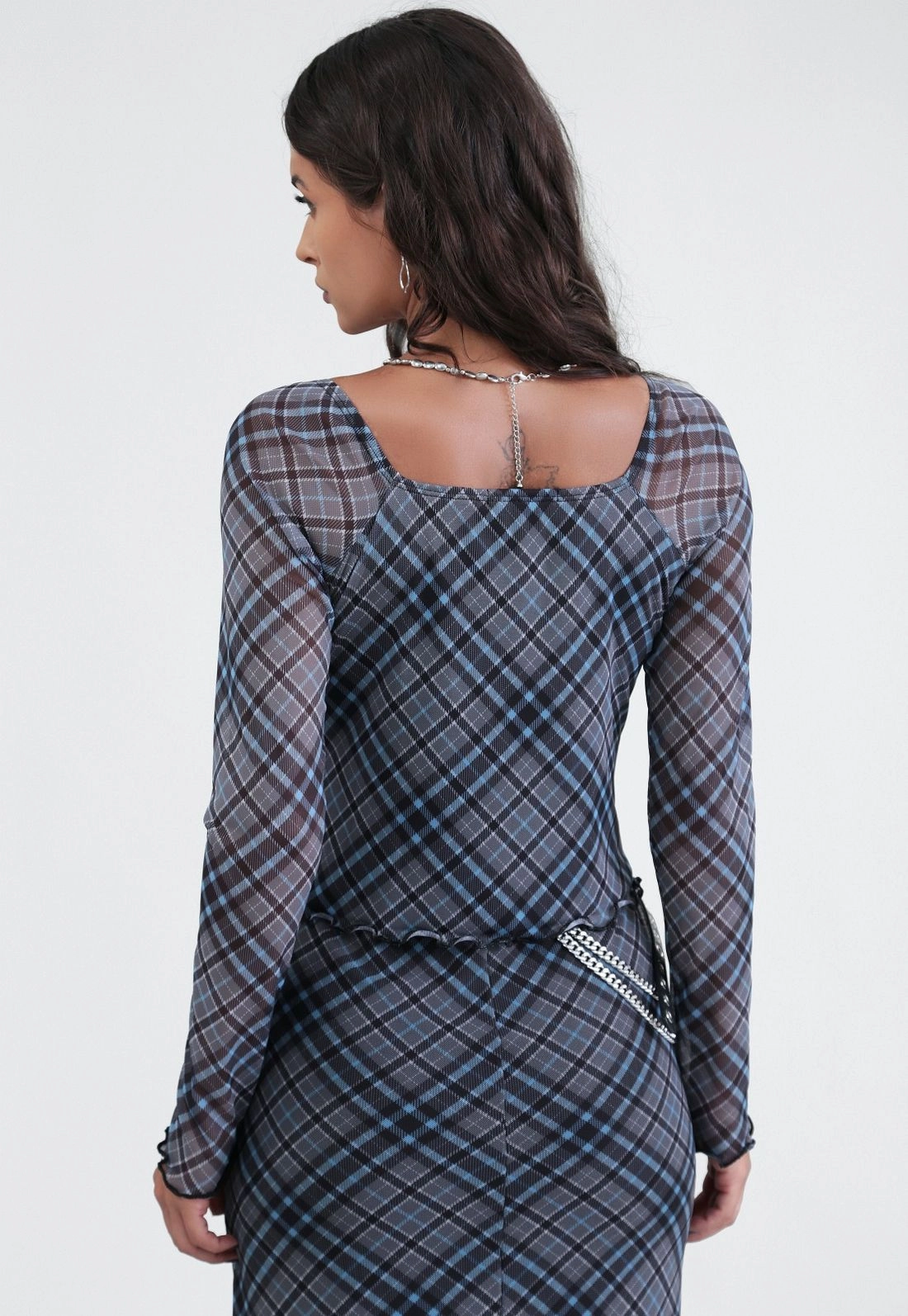 Blusa Manga Longa Com Recorte No Busto Em Tule Xadrez