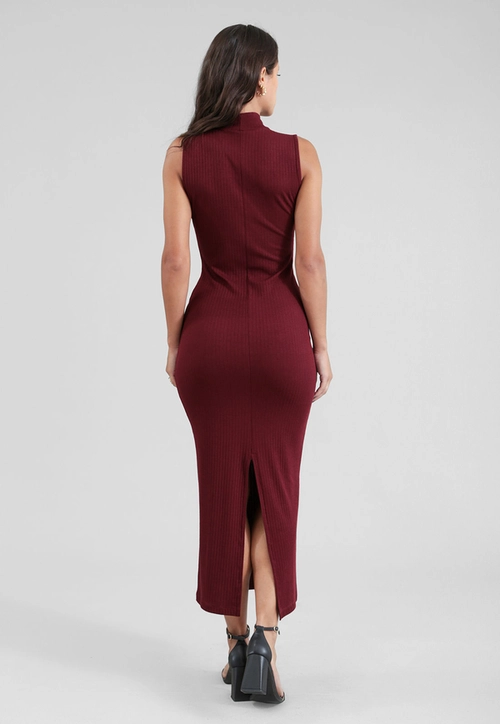 Vestido Midi Sem Manga Com Gola Alta Em Malha Canelada