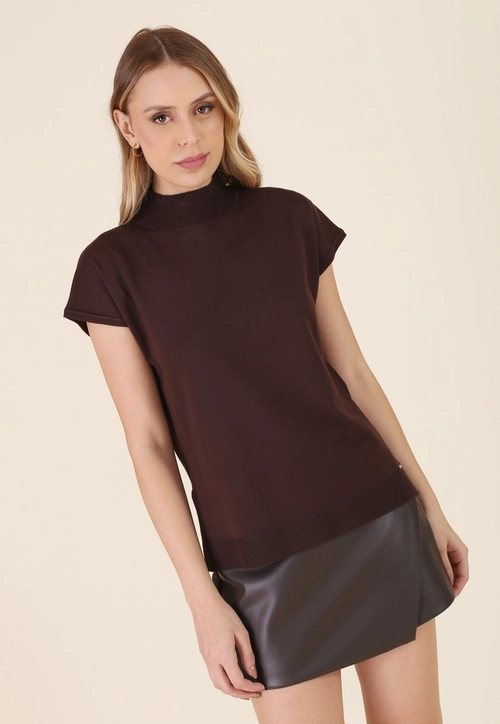 Blusa Tricô Manga Curta Gola Alta