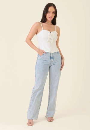 Calça Jeans Reta Com Strass Azul Claro