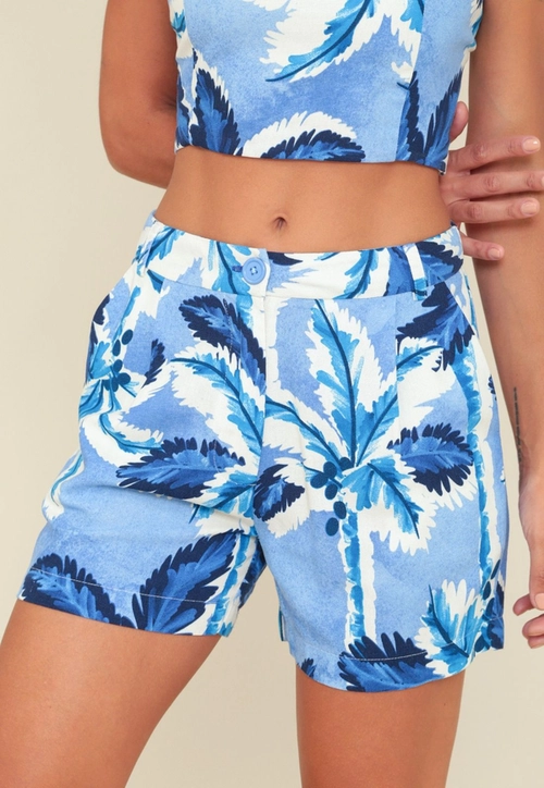 Short Com Prega Em Linho Estampa Coqueiro