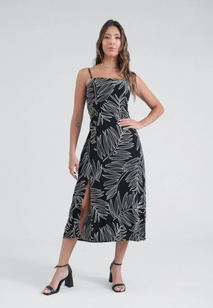Vestido Midi Alça Estampa Maxi Folhagem Em Viscose