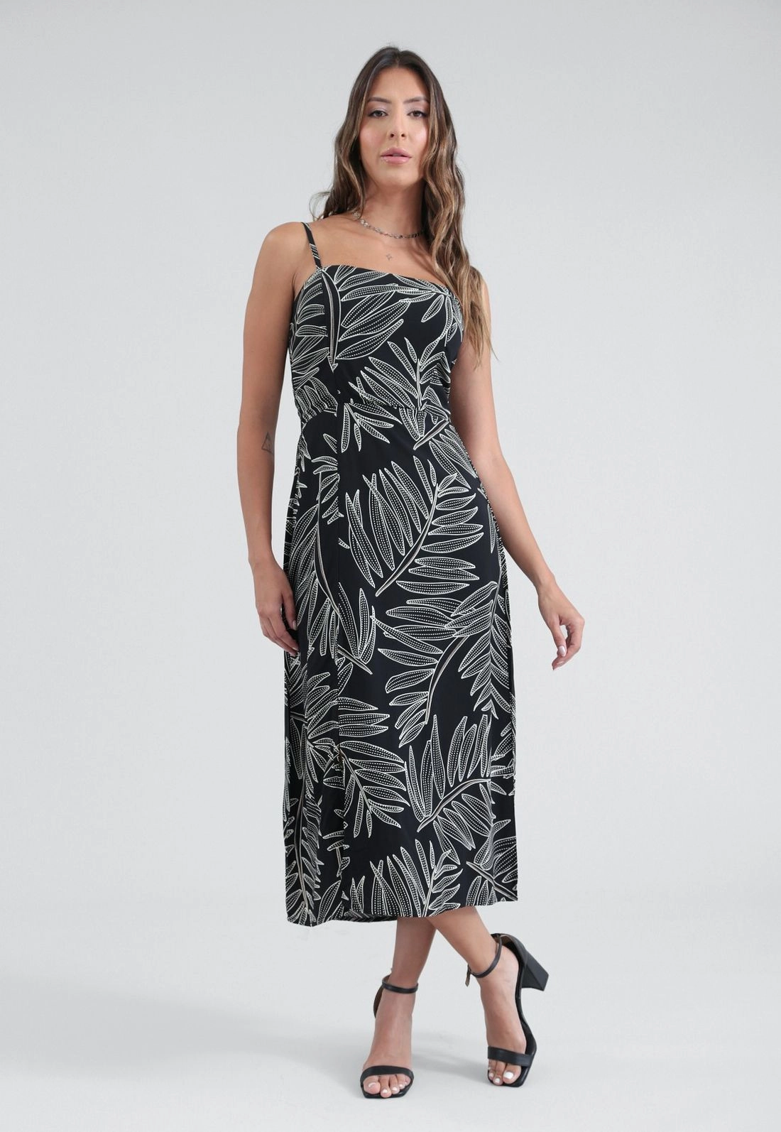 Vestido Midi Alça Estampa Maxi Folhagem Em Viscose