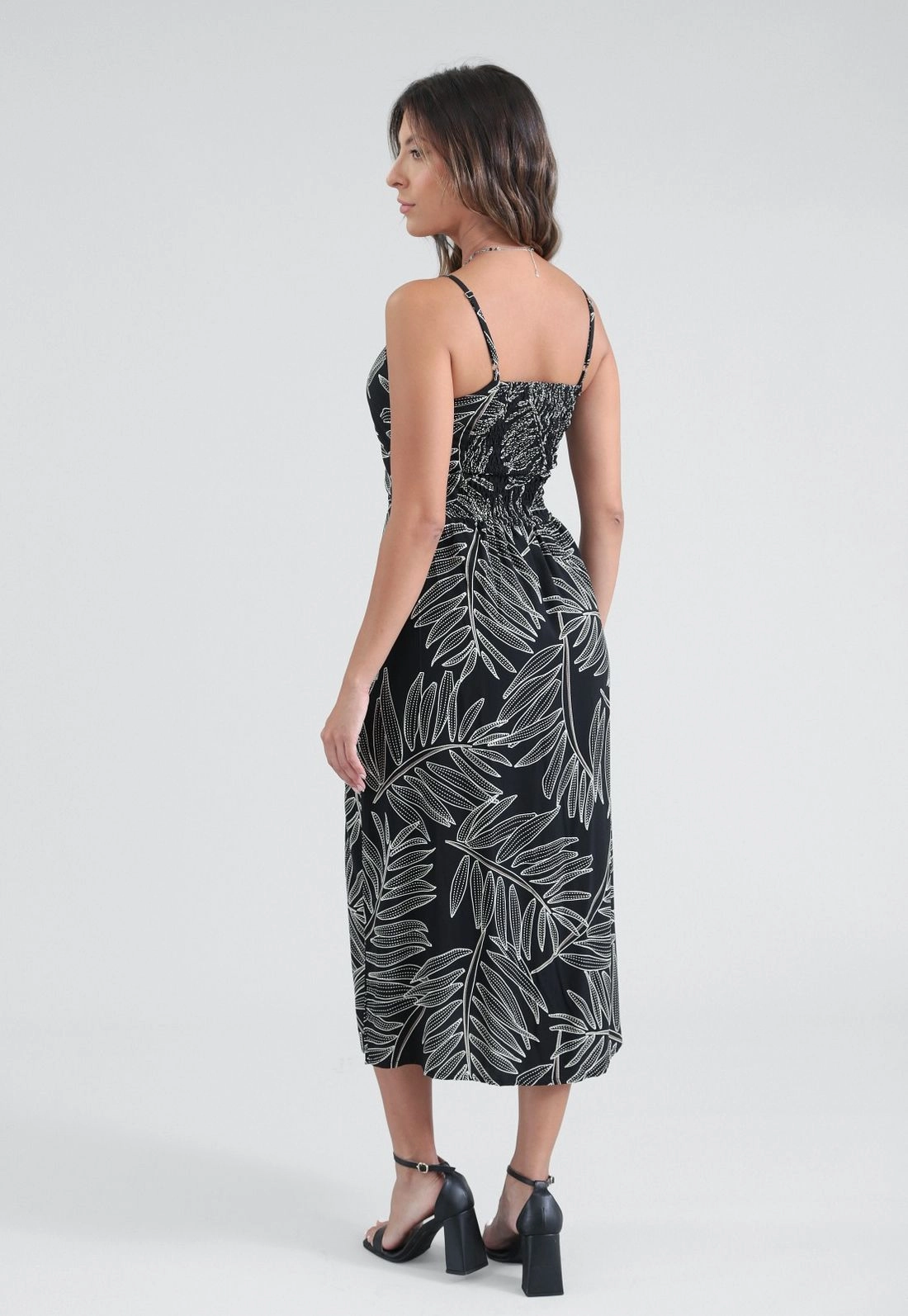 Vestido Midi Alça Estampa Maxi Folhagem Em Viscose