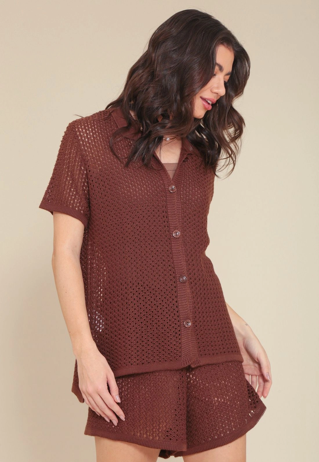 Camisa Manga Curta Em Tricô Vazado