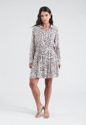 Vestido Chemise Curto Manga Longa Em Viscose Estampada