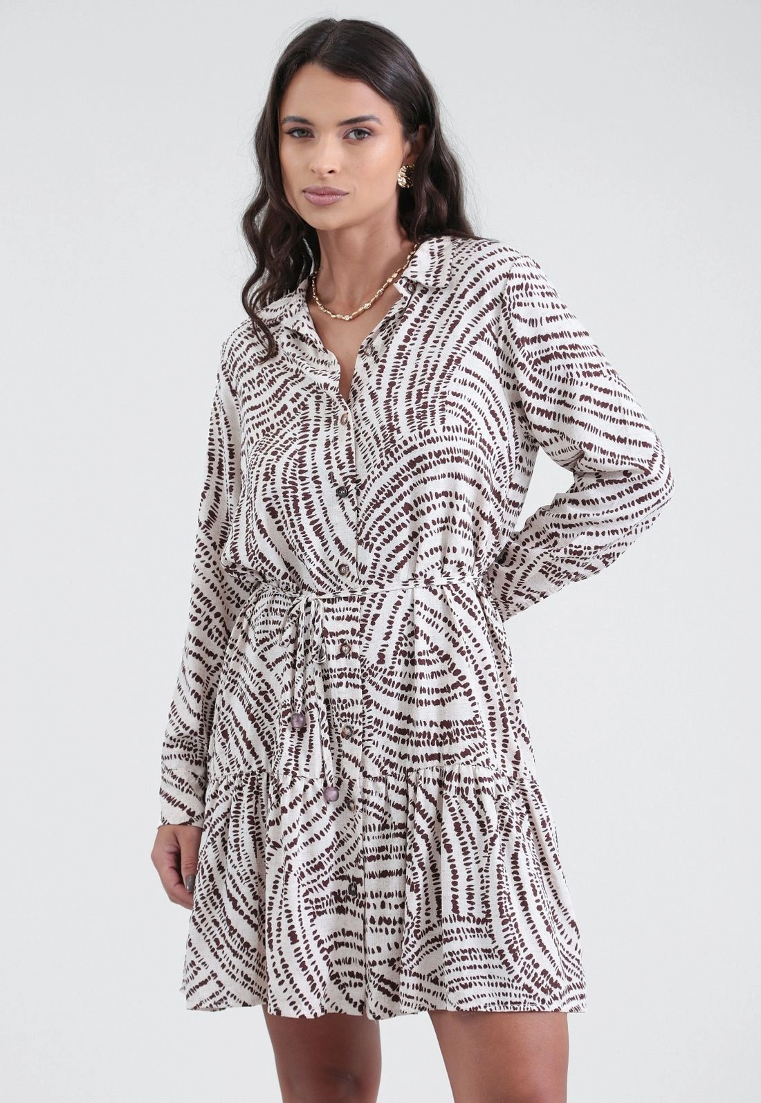 Vestido Chemise Curto Manga Longa Em Viscose Estampada