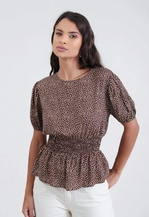 Blusa Manga Curta Com Elastex Em Viscose Poá