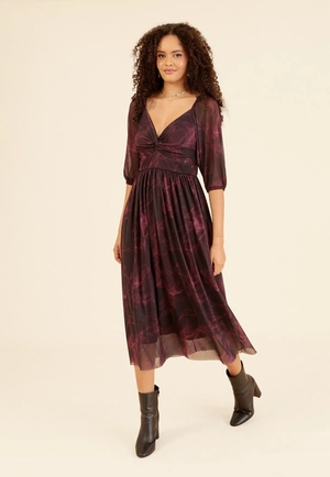 Vestido Em Tule Estampado Midi Manga 3/4 Busto Com Recorte