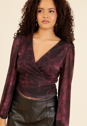 Blusa Em Tule Estampado Manga Longa Decote Transpassado