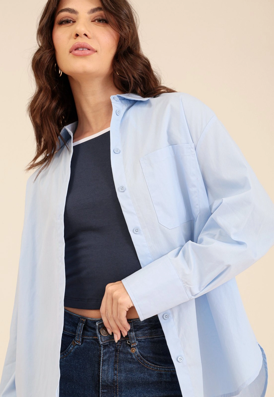 Camisa Oversized Em Tricoline Manga Longa