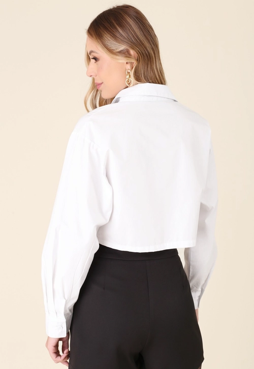 Camisa Cropped Em Tricoline Manga Longa Bolso