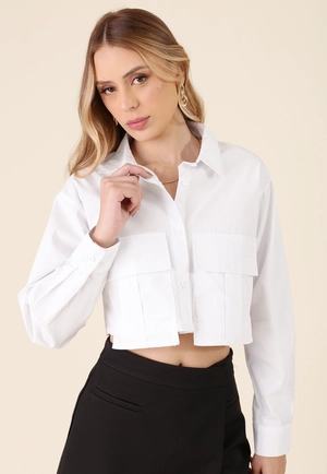 Camisa Cropped Em Tricoline Manga Longa Bolso