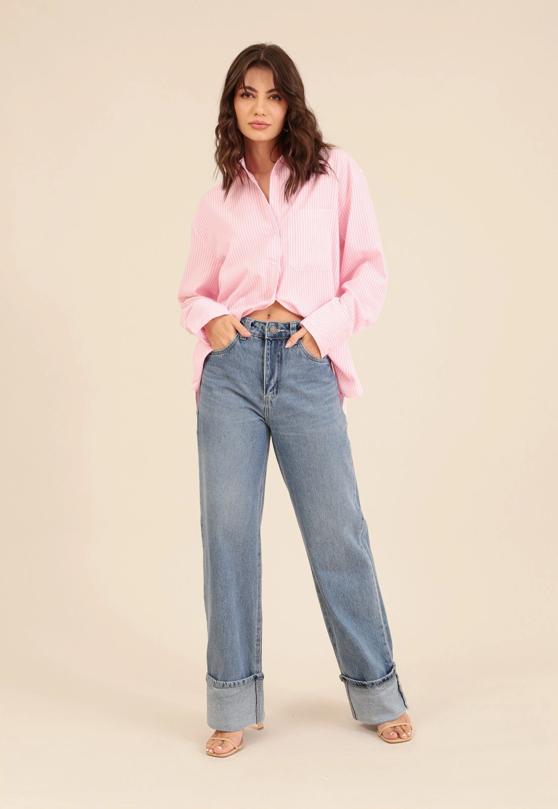 Camisa Oversized  Manga Longa Listrada Em Crepe