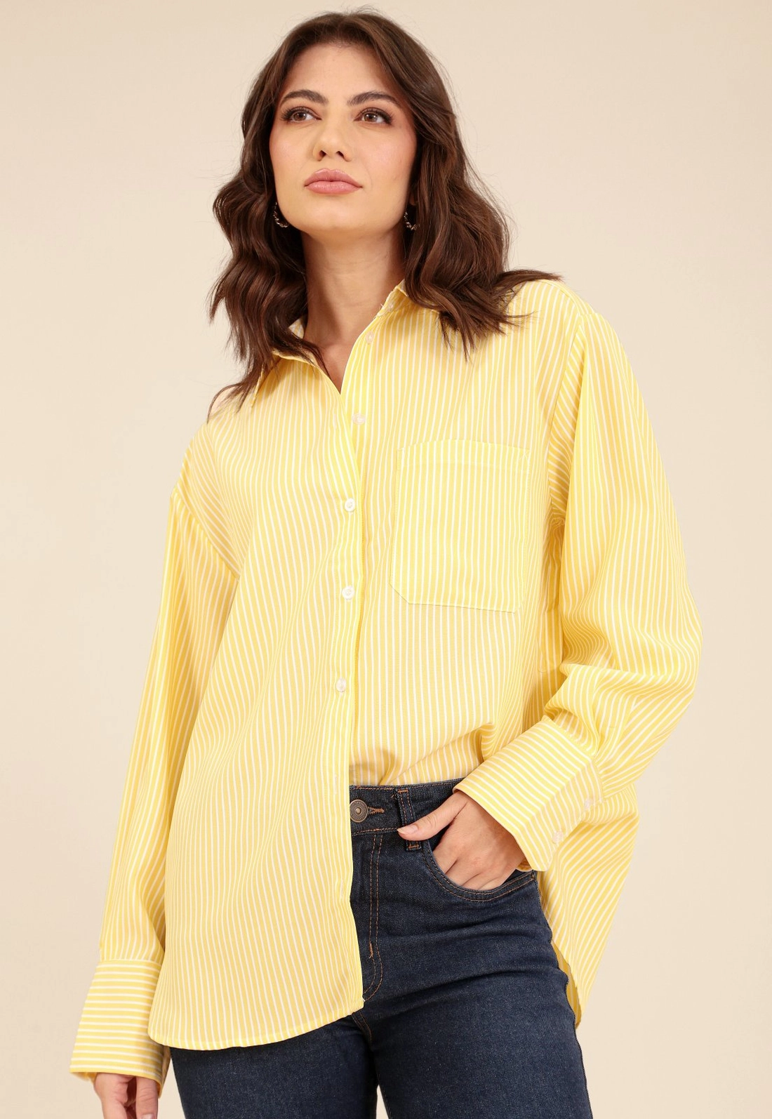 Camisa Oversized  Manga Longa Listrada Em Crepe