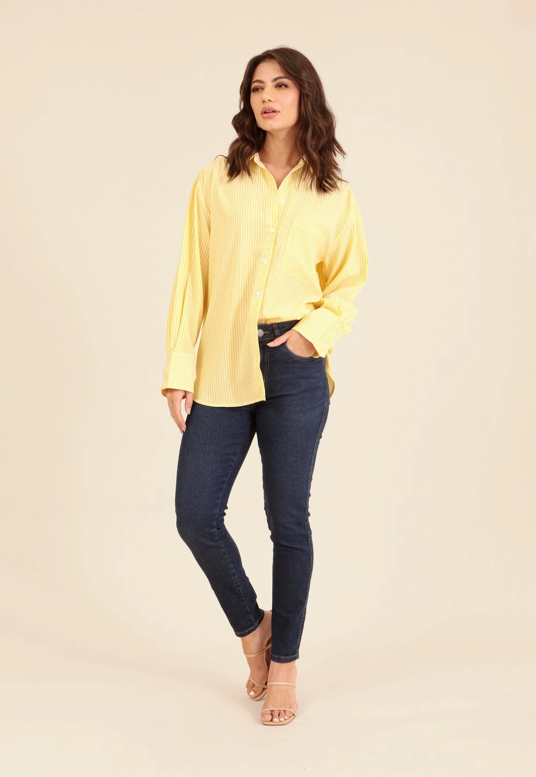 Camisa Oversized  Manga Longa Listrada Em Crepe