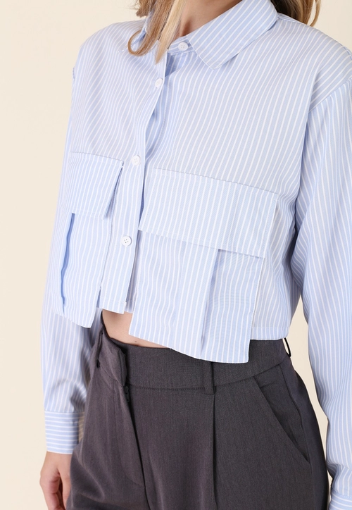 Camisa Cropped Em Crepe Listrado Manga Longa