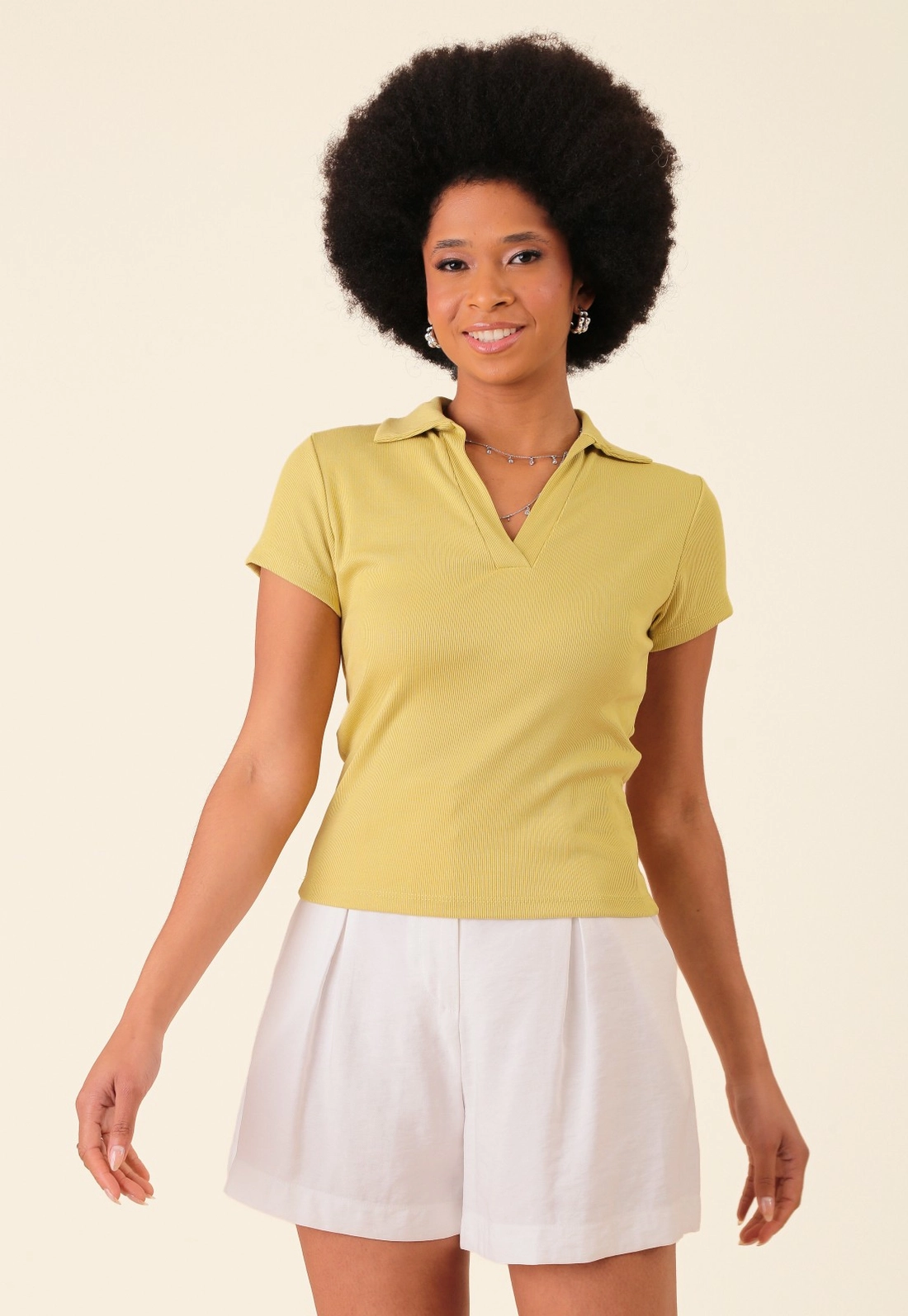Blusa Polo Em Malha Canelada Manga Curta