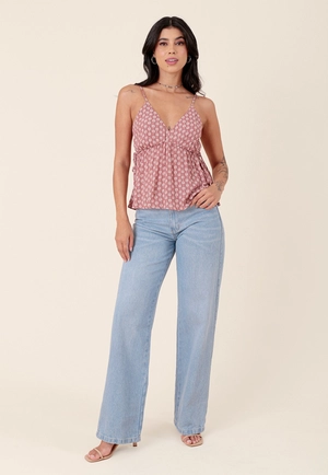 Calça Jeans Wide Leg Com Elastano Bolso