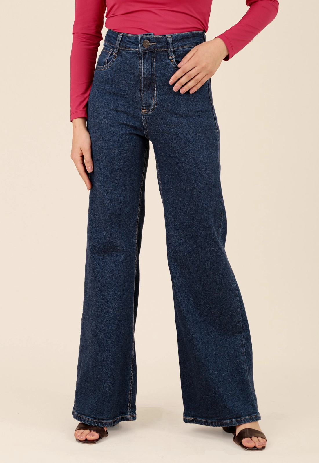 Calça Jeans Wide Leg Com Elastano Bolso