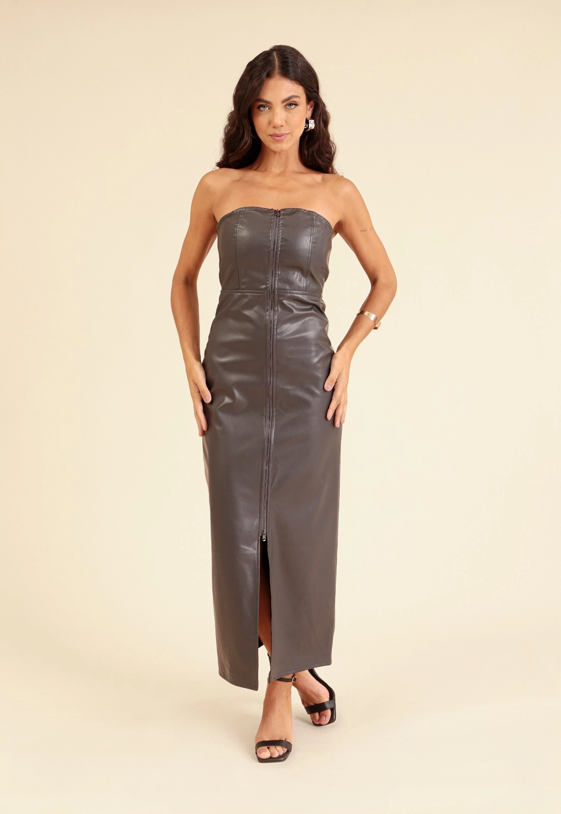 Vestido Midi Em Pu Recortes Zíper