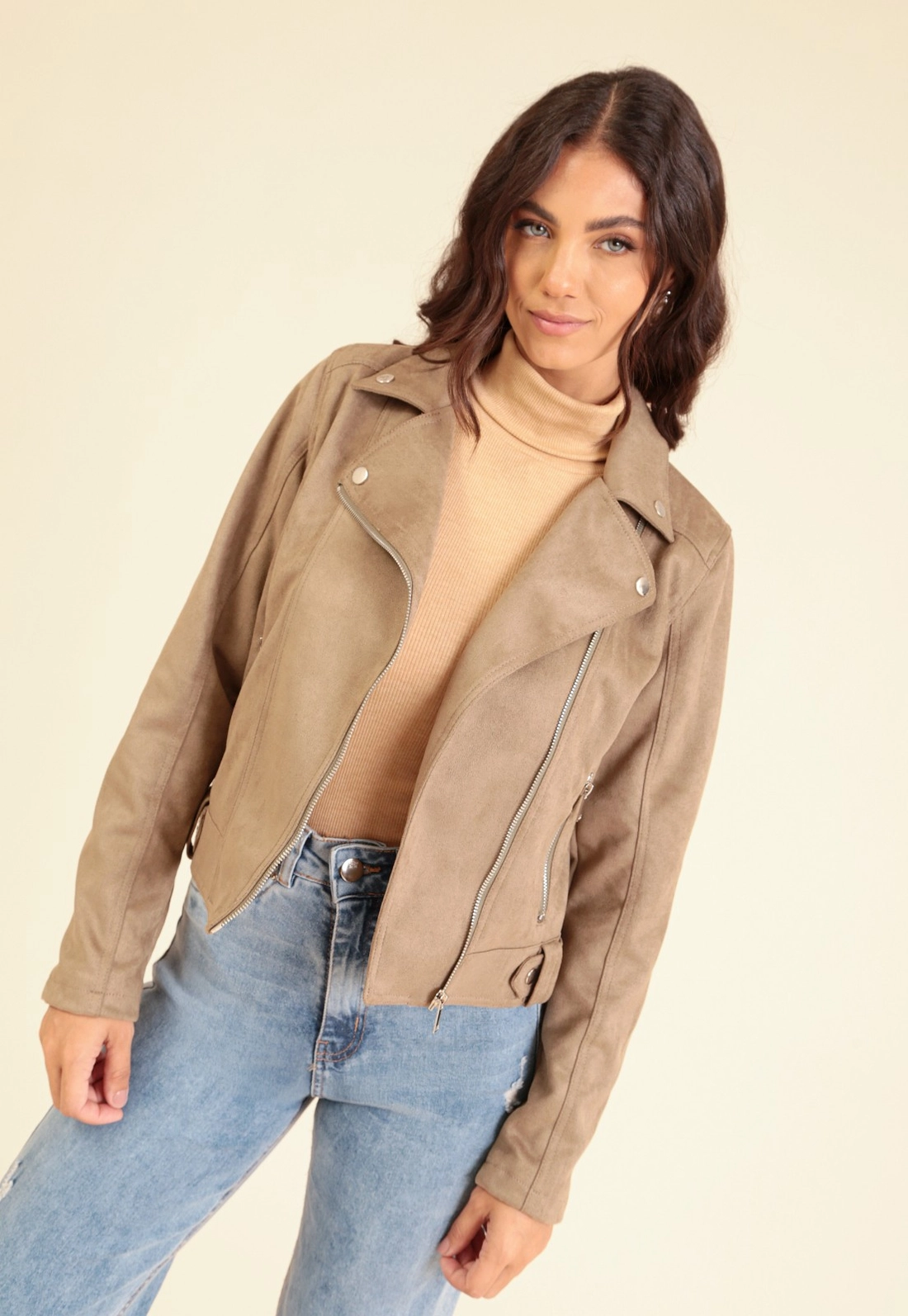 Jaqueta Biker Em Suede Com Zíper E Bolso